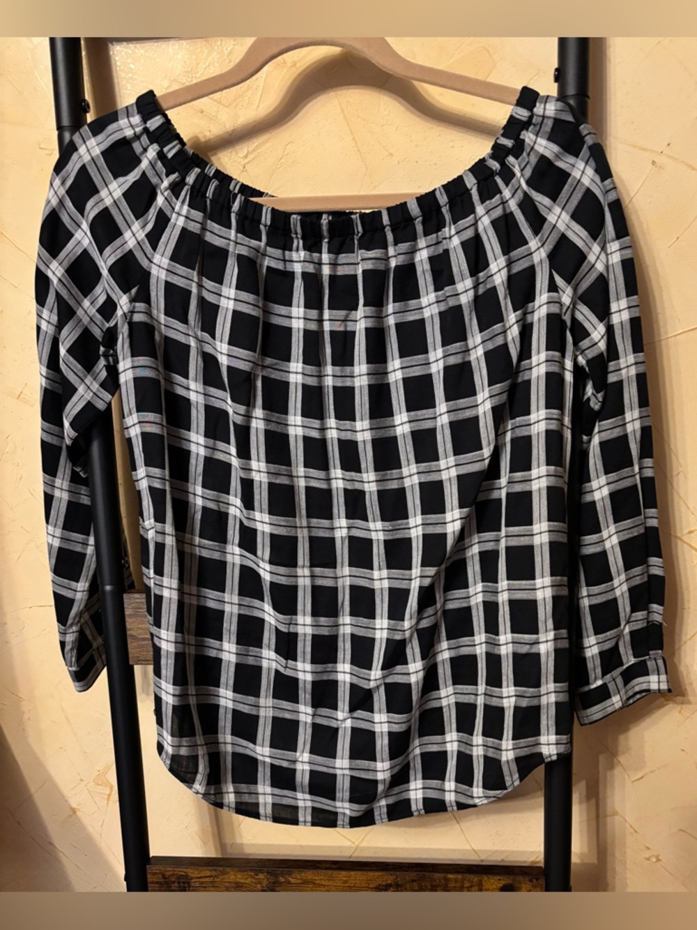 rag & bone Size S Black and White Plaid Off-Shoulder Tunic
